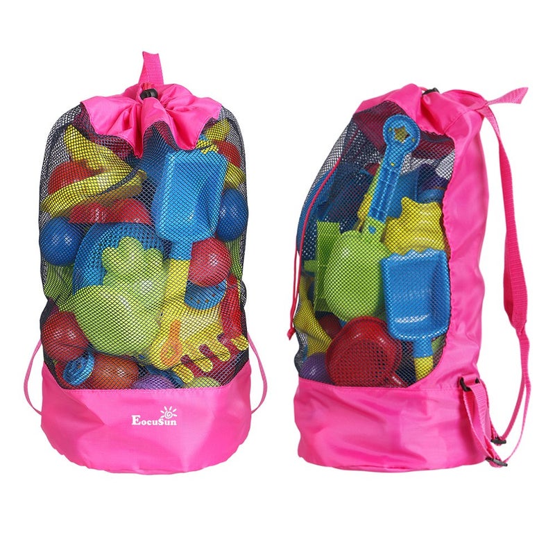 EocuSun Large Mesh Beach Bag Tote Durable Sand Away Drawstring Beach Backpack Swim and Pool Toys Balls Storage Bags Packs, Stay Away From Sand and Water, Toy Not Included, Hot Pink - Image 2
